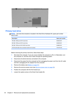 Page 62Primary hard drive
NOTE:The hard drive bracket is included in the Hard Drive Hardware Kit, spare part number
642774-001.
DescriptionSpare part number
750 GB, 7200-rpm SATA hard drive 633252-001
500 GB, 7200-rpm SATA hard drive 634925-001
500 GB, 7200-rpm SATA SED hard drive 634862-001
24 GB solid-state drive (includes bracket and screws) 701479–001
Before removing the primary hard drive, follow these steps:
1.Shut down the computer. If you are unsure whether the computer is off or in Hibernation, turn...