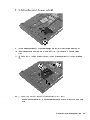 Page 638.Lift the Smart Card reader to the upright position (2).
9.Loosen the Phillips M2.5x10.5 captive screws (1) that secure the hard drive to the computer.
10.Grasp the tab on the hard drive and slide the hard drive (2) to disconnect it from the system
board.
11.Lift the left side of the hard drive and remove the hard drive at an angle from the hard drive bay
(3).
12.If it is necessary to remove the hard drive bracket, follow these steps:
a.Remove the four Phillips M3.0x3.0 screws (1) that secure the hard...