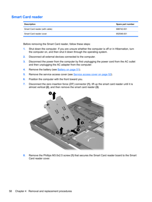 Page 66Smart Card reader
DescriptionSpare part number
Smart Card reader (with cable) 688742-001
Smart Card reader cover652546-001
Before removing the Smart Card reader, follow these steps:
1.Shut down the computer. If you are unsure whether the computer is off or in Hibernation, turn
the computer on, and then shut it down through the operating system.
2.Disconnect all external devices connected to the computer.
3.Disconnect the power from the computer by first unplugging the power cord from the AC outlet
and...