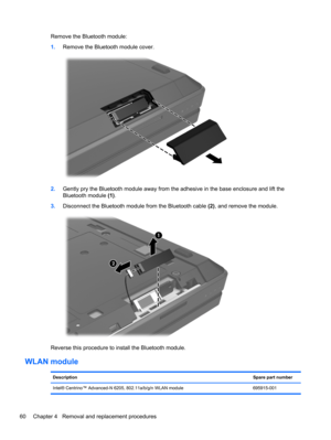 Page 68Remove the Bluetooth module:
1.Remove the Bluetooth module cover.
2.Gently pry the Bluetooth module away from the adhesive in the base enclosure and lift the
Bluetooth module (1).
3.Disconnect the Bluetooth module from the Bluetooth cable (2), and remove the module.
Reverse this procedure to install the Bluetooth module.
WLAN module
DescriptionSpare part number
Intel® Centrino™ Advanced-N 6205, 802.11a/b/g/n WLAN module 695915-001
60 Chapter 4   Removal and replacement procedures 