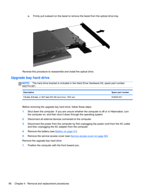 Page 74c.Firmly pull outward on the bezel to remove the bezel from the optical drive tray.
Reverse this procedure to reassemble and install the optical drive.
Upgrade bay hard drive
NOTE:The hard drive bracket is included in the Hard Drive Hardware Kit, spare part number
642774-001.
DescriptionSpare part number
7.0 mm, 9.5 mm, or 12.7 mm 500 GB hard drive, 7200 rpm 634925-001
Before removing the upgrade bay hard drive, follow these steps:
1.Shut down the computer. If you are unsure whether the computer is off...