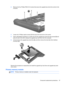 Page 752.Remove the four Phillips PM3.0×3.0 screws that secure the upgrade bay hard drive carrier to the
computer.
3.Loosen the 2 Phillips captive screws (1) that secure the hard drive to the carrier.
4.Insert a flat-bladed screwdriver or similar tool into the upgrade bay hard drive tab access (2) and
press the tab to the left to release the upgrade bay hard drive from the computer.
5.Lift and remove the upgrade bay hard drive (3), and then remove the hard disk drive interface
connector (4).
Reverse this...