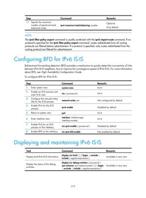 Page 1004 315 
Step Command Remarks 
11. Specify the maximum 
number of equal-cost load 
balanced routes.  ipv6 maximum load-balancing 
number  Optional. 
8 by default. 
 
 
NOTE: 
The ipv6 filter-policy export  command is usually combined with the  ipv6 import-route command. If no 
protocol is specified for the  ipv6 filter-policy export  command, routes redistributed from all routing 
protocols are filtered before advertisement. If a protocol is specified, only routes redistributed from the 
routing protocol...
