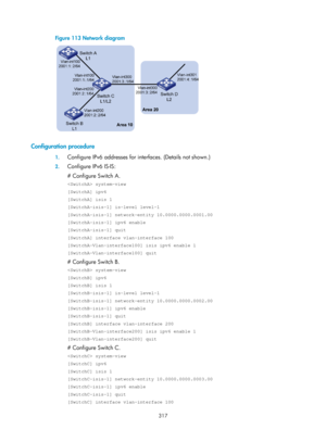 Page 1006 317 
Figure 113 Network diagram 
 
 
Configuration procedure 
1. Configure IPv6 addresses for inte rfaces. (Details not shown.) 
2. Configure IPv6 IS-IS: 
# Configure Switch A. 
 system-view 
[SwitchA] ipv6 
[SwitchA] isis 1 
[SwitchA-isis-1] is-level level-1 
[SwitchA-isis-1] network-entity 10.0000.0000.0001.00 
[SwitchA-isis-1] ipv6 enable 
[SwitchA-isis-1] quit 
[SwitchA] interface vlan-interface 100 
[SwitchA-Vlan-interface100] isis ipv6 enable 1 
[SwitchA-Vlan-interface100] quit 
# Configure Switch...