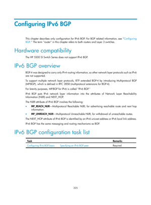 Page 1014 
 
325 
 
Configuring IPv6 BGP 
This chapter describes only configuration for IPv6 BGP. For BGP related information, see Configuring 
BG
P . The term router in this chapter refers to both routers and Layer 3 switches. 
Hardware compatibility 
The HP 5500 SI Switch Series does not support IPv6 BGP.  
IPv6 BGP overview 
BGP-4 was designed to carry only IPv4 routing information, so other network layer protocols such as IPv6 
are not supported.  
To support multiple network layer protocols, IETF extended...