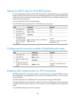 Page 1029 
 
340 
 
Setting the DSCP value for IPv6 BGP packets 
An IPv6 packet header contains an 8-bit Traffic class field. This field identifies the service type of IPv6 
packets. As defined in RFC 2474, the first six bits set the Differentiated Services Code Point (DSCP) value 
and the last two bits are reserved. Network devices use the DSCP value as a reference to determine the 
packet priority for transmission. 
You can set the DSCP value for IPv6 BGP packets. 
To set the DSCP value for packets sent  to an...