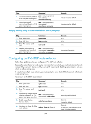 Page 1033 
 
344 
 Ste
p Command Remarks 
4.
  Advertise community attribute 
to an IPv6 peer or peer group.  peer {
 ipv6-group-name  | 
ipv6-address  } 
advertise-community  Not advertised by default. 
5.
  Advertise extended 
community attribute to an IPv6 
peer or peer group.  peer {
 ipv6-group-name  | 
ipv6-address  } 
advertise-ext-community  Not advertised by default. 
 
Applying a routing policy to routes advertised to a peer or peer group 
 
Step Command Remarks 
1.
  Enter system view. 
system-view...