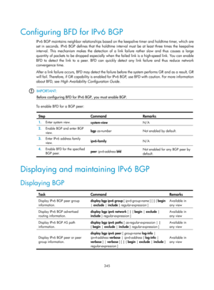 Page 1034 
 
345 
 
Configuring BFD for IPv6 BGP 
IPv6 BGP maintains neighbor relationships based on the keepalive timer and holdtime timer, which are 
set in seconds. IPv6 BGP defines that the holdtime interval must be at least three times the keepalive 
interval. This mechanism makes the detection of a link failure rather slow and thus causes a large 
quantity of packets to be dropped especially when th e failed link is a high-speed link. You can enable 
BFD to detect the link to a peer. BFD can quickly  detect...