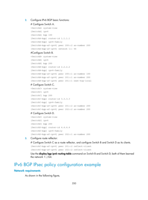 Page 1039 
 
350 
 
2. Configure IPv6 BGP basic functions: 
# Configure Switch A. 
 system-view  
[SwitchA] ipv6 
[SwitchA] bgp 100 
[SwitchA-bgp] router-id 1.1.1.1 
[SwitchA-bgp] ipv6-family 
[SwitchA-bgp-af-ipv6] peer 100::2 as-number 200 
[SwitchA-bgp-af-ipv6] network 1:: 64 
#Configure Switch B. 
 system-view  
[SwitchB] ipv6 
[SwitchB] bgp 200 
[SwitchB-bgp] router-id 2.2.2.2 
[SwitchB-bgp] ipv6-family 
[SwitchB-bgp-af-ipv6] peer 100::1 as-number 100 
[SwitchB-bgp-af-ipv6] peer 101::1 as-number 200...