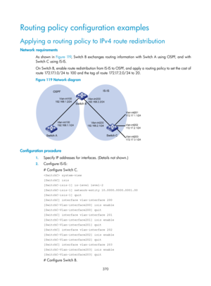 Page 1059 370 
Routing policy configuration examples 
Applying a routing policy to IPv4 route redistribution 
Network requirements 
As shown in Figure 119, S witch B exchanges routing information with Switch A using OSPF, and with 
Switch C using IS-IS. 
On Switch B, enable route redistribution from IS-IS to OSPF, and apply a routing policy to set the cost of 
route 172.17.1.0/24 to 100 and the tag of route 172.17.2.0/24 to 20. 
Figure 119  Network diagram 
 
 
Configuration procedure 
1. Specify IP addresses for...