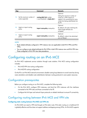 Page 1109 420 
Step Command Remarks 
5.  Set the maximum number of 
routes supported.  routing-table
 limit  number  
{  warn-threshold  | simply-alert  }  Optional. 
Setting the maximum number of 
routes for a VPN instance to 
support is for preventing too many 
routes from being redistributed into 
the PE. 
6.
  Apply an import routing 
policy.   import route-policy route-policy
 Optional. 
By default, all routes matching the 
import target attribute are 
accepted. 
7.
  Apply an export routing 
policy....