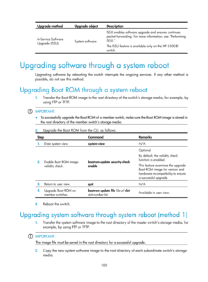 Page 112 100 
Upgrade method Upgrade object Description 
In-Service Software 
Upgrade (ISSU) System software ISSU enables software upgrade and ensures continues 
packet forwarding. For more information, see Performing 
ISSU. 
The ISSU feature is available only on the HP 5500-EI 
switch.
 
 
Upgrading software through a system reboot 
Upgrading software by rebooting the switch interrupts the ongoing services. If any other method is 
possible, do not use this method. 
Upgrading Boot ROM through a system reboot 
1....