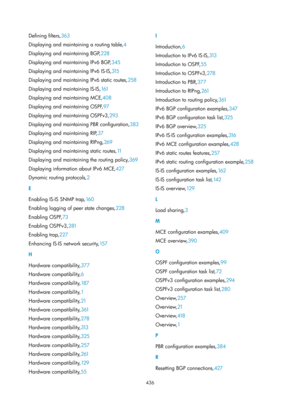 Page 1125 436 
Defining filters,363 
Displa
ying and maintaining a routing table, 4 
Displa

ying and maintaining BGP,228  
Displa

ying and maintaining IPv6 BGP, 345 
Displa

ying and maintaining IPv6 IS-IS,315  
Displa

ying and maintaining IPv6 static routes, 258 
Displa

ying and maintaining IS-IS, 161 
Displa

ying and maintaining MCE,408  
Displa

ying and maintaining OSPF, 97 
Displa

ying and maintaining OSPFv3, 293 
Displa

ying and maintaining PBR configuration, 383 
Displa

ying and maintaining RIP, 37...