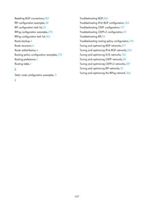 Page 1126 437 
Resetting BGP connections,407 
RI
P configuration examples, 38 
RI

P configuration task list, 25 
RI

Png configuration examples, 270 
R

IPng configuration task list, 263 
R

oute backup, 4 
Ro

ute recursion, 4 
Ro

ute redistribution, 4 
R

outing policy configuration examples, 370 
R

outing preference, 3 
Ro

uting table, 1 
S 
S

tatic route configuration examples, 11 
T  Tr

ou b l es ho o ti n g  BG P,
256 
T

roubleshooting IPv6 BGP configuration, 360 
T

roubleshooting OSPF...