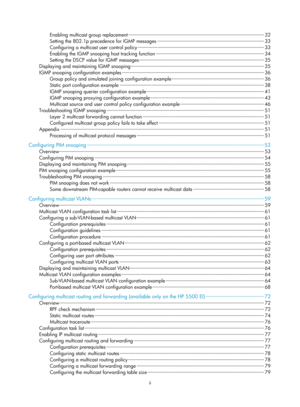 Page 1128ii 
Enabling multicast group replacement ··················\
··················\
··················\
··················\
··················\
 ··················\
···· 32 
Setting the 802.1p preced ence for IGMP messages ··················\
··················\
··················\
··················\
······· ········· 33 
Configuring a multicast  user control policy ··················\
··················\
··················\
··················\
··········· ··················\
··· 33 
Enabling the IGMP...