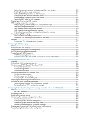 Page 1133vii 
Setting the maximum number of multicast groups that a port can join ··················\
··················\
··················\
···  259 
Enabling IPv6 multicast group replacement ··················\
··················\
··················\
··················\
············· ················ 260 
Setting the 802.1p preced ence for MLD messages ··················\
··················\
··················\
··················\
········ ········ 261 
Configuring an IPv6 multicast user control policy...
