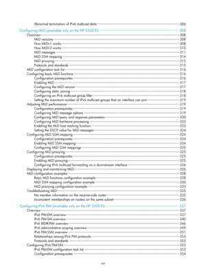 Page 1134viii 
Abnormal termination of IPv6 multicast data ··················\
··················\
··················\
··················\
··········· ················ 306 
Configuring MLD (available  only on the HP 5500 EI) ··················\
··················\
··················\
··················\
···· ············· 308 
Overview  ··················\
··················\
··················\
··················\
··················\
··················\
··················\
···················\...