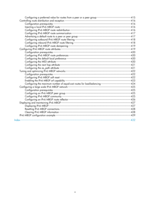 Page 1136x 
Configuring a preferred value for routes from a peer or a peer group ··················\
··················\
··················\
··  415 
Controlling route distribution and reception ··················\
··················\
··················\
··················\
·········· ··················\
········· 416 
Configuration prerequisites ··················\
··················\
··················\
··················\
··················\
········· ··················\
··········· 416 
Injecting a local IPv6...