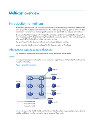 Page 11371 
Multicast overview 
Introduction to multicast 
As a technique that coexists with unicast and broadcast, the multicast technique effectively addresses the 
issue of point-to-multipoint data transmission. By enabling high-efficiency point-to-multipoint data 
transmission over a network, multicast greatly saves network bandwidth and reduces network load. 
By using multicast technology, a network operator can easily provide new value-added services, such as 
live webcasting, web TV, distance learning,...