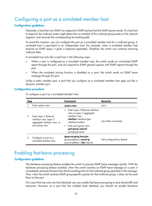 Page 1159 23 
Configuring a port as a simulated member host 
Configuration guidelines 
G e n e r a l l y,  a  h o s t  t h a t  r u n s  I G M P  c a n  r e s p o n d  t o  I G M P  q u e r i e s  t h a t  t h e  I G M P  q u e r i e r  s e n d s .  I f  a  h o s t  f a i l s  
to respond, the multicast router might deem that no member of this multicast group exists on the network 
segment, and removes the corresponding forwarding path.  
To avoid this situation, you can configure the port  as a simulated member...