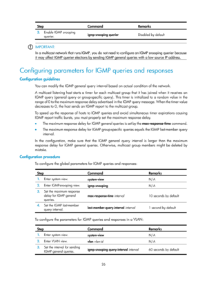 Page 1162 26 
Step Command Remarks   
3.  Enable IGMP snooping 
querier.   igmp-snooping
 querier
  Disabled by default
 
 
 IMPORTANT: 
In a multicast network that runs IGMP, you do not 
need to configure an IGMP snooping querier because
it may affect IGMP querier elections by sending IGMP  general queries with a low source IP address.  
 
Configuring parameters for IGMP queries and responses 
Configuration guidelines 
You can modify the IGMP general query interval based on actual condition of the network.  
A...