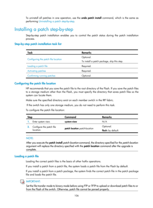 Page 118 106 
To uninstall all patches in one operation, use the undo patch install command, which is the same as 
performing  Uninstalling a patch step-by-step . 
Installing a patch step-by-step 
Step-by-step patch installation enables you to cont rol the patch status during the patch installation 
process. 
Step-by-step patch installation task list 
 
Task Remarks 
Configuring the patch file location  Optional. 
To install a patch package, skip this step. 
Loading a patch file 
Required. 
Activating patches...