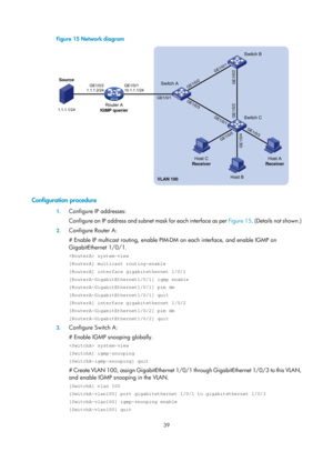 Page 1175 39 
Figure 15  Network diagram  
 
 
Configuration procedure 
1. Configure IP addresses: 
Configure an IP address and subnet mask for each interface as per  Figure 15. (Details not shown.) 
2. Configure Router A: 
# Enable IP multicast routing, enable PIM-DM  on each interface, and enable IGMP on 
GigabitEthernet 1/0/1.  
 system-view 
[RouterA] multicast routing-enable 
[RouterA] interface gigabitethernet 1/0/1 
[RouterA-GigabitEthernet1/0/1] igmp enable 
[RouterA-GigabitEthernet1/0/1] pim dm...