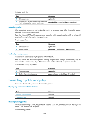 Page 119 107 
 
To load a patch file:   
Step Command 
1.  Enter system view. 
system-view 
2.  Load the patch file on from the storage media (the 
Flash) to the specified memory patch area.  patch load slot 
slot-number [ file patch-package  ] 
 
Activating patches 
After you activate a patch, the patch takes effect and is in the test-run stage. After the switch is reset or 
rebooted, the patch becomes invalid.  
I f  yo u  fi n d  t h a t  a n  AC T I V E  p a t c h  c a u s e s  a n  e r ro r,  re b o ot the...