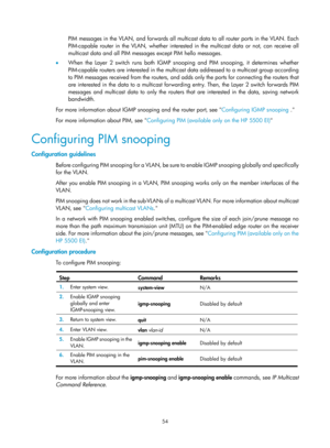 Page 1190 54 
PIM messages in the VLAN, and forwards all multicast data to all router po rts in the VLAN. Each 
PIM-capable router in the VLAN, whether interested  in the multicast data or not, can receive all 
multicast data and all PIM messag es except PIM hello messages. 
•   When the Layer 2 switch runs both IGMP snooping and PIM snooping, it determines whether 
PIM-capable routers are in terested in the multicast data addressed to a multicast group according 
to PIM messages received from the routers, and a...