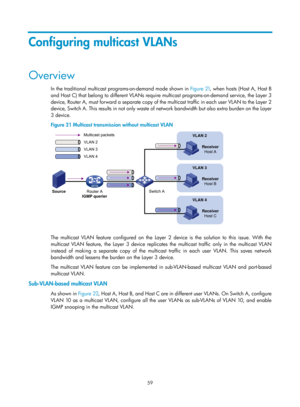 Page 1195 59 
Configuring multicast VLANs 
Overview 
In the traditional multicast programs-on-demand mode shown in  Figure 21, w hen hosts (Host A, Host B 
and Host C) that belong to different VLANs requir e multicast programs-on-demand service, the Layer 3 
device, Router A, must forward a separate copy of the multicast traffic in each user VLAN to the Layer 2 
device, Switch A. This results in not only waste of network bandwidth but also extra burden on the Layer 
3 device.  
Figure 21  Multicast transmission...