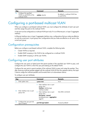 Page 1198 62 
Step Command Remarks 
3.  Configure the specified 
VLANs as sub-VLANs of the 
multicast VLAN.  subvlan 
vlan-list  By default, a multicast VLAN has 
no sub-VLANs.  
 
Configuring a port-based multicast VLAN 
When you configure a port-based multicast VLAN, you must configure the attributes of each user port 
and then assign the ports to the multicast VLAN.  
A user port can be configured as a multicast VLAN port 
only if it is an Ethernet port, or Layer 2 aggregate 
interface.  
In Ethernet interface...