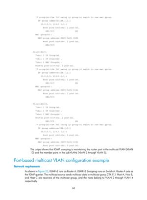 Page 1204 68 
    IP group(s):the following ip group(s) match to one mac group. 
      IP group address:224.1.1.1 
        (0.0.0.0, 224.1.1.1): 
          Host port(s):total 1 port(s). 
            GE1/0/3                (D) 
    MAC group(s): 
      MAC group address:0100-5e01-0101 
          Host port(s):total 1 port(s). 
            GE1/0/3 
 
  Vlan(id):5. 
    Total 1 IP Group(s). 
    Total 1 IP Source(s). 
    Total 1 MAC Group(s). 
    Router port(s):total 0 port(s). 
    IP group(s):the following ip...