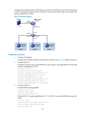 Page 1205 69 
Configure the port-based multicast VLAN feature on Switch A so that Router A just sends multicast data 
to Switch A through the multicast VLAN and Switch A forwards the multicast data to the receivers that 
belong to different user VLANs. 
Figure 25 Network diagram 
 
 
Configuration procedure 
1. Configure IP addresses: 
Configure the IP address  and subnet mask for each interface as per  Figure 25. (Details not sh
own.)   
2. Configure Router A:  
# Enable IP multicast routing, enable PIM-DM on ea...