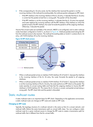 Page 1210 74 
3.
 
If the corresponding (S, G) entry exists, but th e interface that received the packet is not the 
incoming interface in the multicast forwarding table, the multicast packet undergoes an RPF check.   
{  If the RPF interface is the incoming interface of the (S, G) entry, it indicates that the (S, G) entry 
is correct but the packet arrived from a wrong path. The packet will be discarded.  
{ If the RPF interface is not the incoming interface, it indicates that the (S, G) entry has expired, 
and...