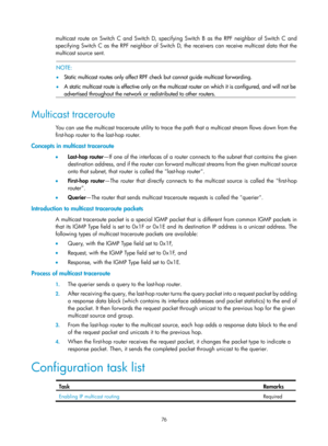 Page 1212 76 
multicast route on Switch C and Switch D, specifying Switch B as the RPF neighbor of Switch C and 
specifying Switch C as the RPF neighbor of Switch D, the receivers can receive multicast data that the 
multicast source sent. 
 
  NOTE: 
•  Static multicast routes only affect RPF check but cannot guide multicast forwarding.  
•   A static multicast route is effective only on the multicast router on which it is confi
gured, and will not be
advertised throughout the network or redistributed to other...