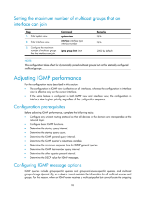 Page 1234 98 
Setting the maximum number of  multicast groups that an 
interface can join 
 
Step Command Remarks 
1.   Enter system view. 
system-view  N/A 
2.  Enter interface view.  interface 
interface-type 
interface-number   N/A 
3.
  Configure the maximum 
number of multicast groups 
that the interface can join.  igmp group-limit 
limit  2000 by default.  
 
 NOTE: 
This configuration takes effect for dynamically joined  multicast groups but not for statically configured 
multicast groups. 
 
Adjusting...