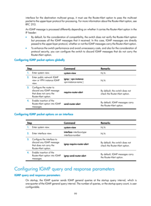 Page 1235 99 
interface for the destination multicast group, it must use the Router-Alert option to pass the multicast 
packet to the upper-layer protocol for processing. For  more information about the Router-Alert option, see 
RFC 21 13 .   
An IGMP message is processed differently depending on  whether it carries the Router-Alert option in the 
IP header:  
•   By default, for the consideration of compatibility, the switch does not verify the Router-Alert option 
but processes all the IGMP messages that it...