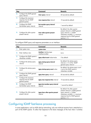 Page 1237 101 
Step  Command  Remarks  
6.  Configure the IGMP general 
query interval.   timer query
 interval
  60 seconds by default. 
 
7.  Configure the maximum 
response time for IGMP 
general queries.  max-response-time 
interval
  10 seconds by default. 
 
8.  Configure the IGMP 
last-member query interval.  last-member-query-interval
 
interval   1 second by default. 
 
9.  Configure the other querier 
present interval.   timer other-querier-present 
interval
  By default, the other querier 
present...