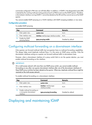 Page 1241 105 
commands configured in PIM view can still take effect. In addition, in IGMPv1, the designated router (DR) 
i s  e l e c t e d  b y  t h e  w o r k i n g  m u l t i c a s t  ro u t i n g  p ro t o c o l  ( s u c h  a s  P I M )  t o  s e r v e  a s  t h e  I G M P  q u e r i e r.  T h e re f o re ,  
a downstream interface running IGMPv1 cannot be elec ted as the DR and thus cannot serve as the IGMP 
querier.  
You cannot enable IGMP proxying on a VLAN interface with IGMP snooping enabled, or vice...