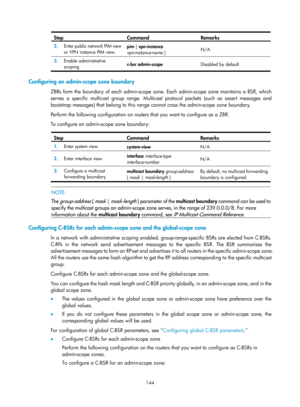 Page 1280 144 
Step Command Remarks 
2.  Enter public network PIM view 
or VPN instance PIM view.  pim
 [ vpn-instance 
vpn-instance-name  ]  N/A 
3.
  Enable administrative 
scoping.   c-bsr admin-scope 
Disabled by default 
 
Configuring an admin-scope zone boundary 
ZBRs form the boundary of each admin-scope zone . Each admin-scope zone maintains a BSR, which 
serves a specific multicast group range. Multicas t protocol packets (such as assert messages and 
bootstrap messages) that belong  to this range cannot...