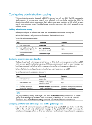 Page 1289 153 
 
Configuring administrative scoping 
With administrative scoping disabled, a BIDIR-PIM domain has only one BSR. The BSR manages the 
whole network. To manage your network more effectively and specifically, partition the BIDIR-PIM 
domain into multiple admin-scope zones. Each admin-scope zone maintains a BSR, which serves a 
specific multicast group range. The global scope zone  also maintains a BSR, which serves all the rest 
multicast groups. 
Enabling administrative scoping 
Before you configure...