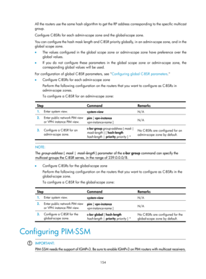 Page 1290 154 
All the routers use the same hash algorithm to get the RP address corresponding to the specific multicast 
group.  
Configure C-BSRs for each admin-scope zone and the global-scope zone. 
You can configure the hash mask length and C-BSR priority globally, in an admin-scope zone, and in the 
global scope zone.  
•   The values configured in the global scope zone or admin-scope zone have preference over the 
global values.  
•   If you do not configure these parameters in the global scope zone or...