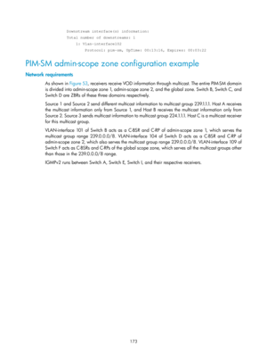 Page 1309 173 
     Downstream interface(s) information: 
     Total number of downstreams: 1 
         1: Vlan-interface102 
             Protocol: pim-sm, UpTime: 00:13:16, Expires: 00:03:22 
PIM-SM admin-scope zone configuration example 
Network requirements 
As shown in Figure 53, receivers receive VOD information through multicast. The entire PIM-SM domain 
is divided into admin-scope zone 1, admin-scope zone 2, and the global zone. Switch B, Switch C, and 
Switch D are ZBRs of these three domains...