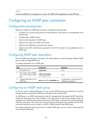 Page 1333 197 
 NOTE: 
If only one MSDP peer is configur ed on a router, this MSDP will be  registered as a static RPF peer. 
 
Configuring an MSDP peer connection 
Configuration prerequisites 
Before you configure an MSDP peer connection, complete the following tasks:  
•  Configure any unicast routing protocol so that a ll devices in the domain are interoperable at the 
network layer. 
•   Configure basic MSDP functions. 
•   Determine the description of MSDP peers.  
•   Determine the name of an MSDP mesh...