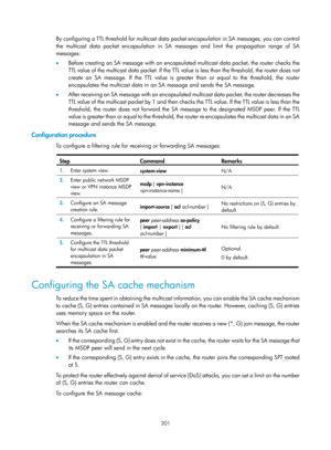 Page 1337 201 
By configuring a TTL threshold for multicast data packet encapsulation in SA messages, you can control 
the multicast data packet encapsulation in SA messages and limit the propagation range of SA 
messages:  
•  Before creating an SA message with an encapsul ated multicast data packet, the router checks the 
TTL value of the multicast data packet. If the TTL value is less than the threshold, the router does not 
create an SA message. If the TTL value is greater than or equal to the threshold, the...