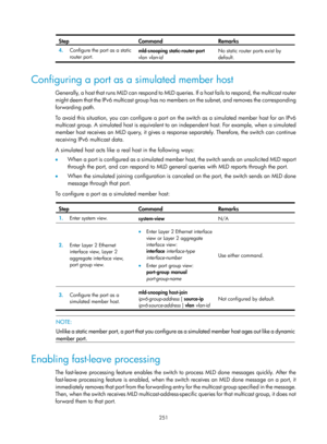 Page 1387 251 
Step Command Remarks 
4.  Configure the port as a static 
router port.   mld-snooping static-router-port 
vlan vlan-id
  No static router ports exist by 
default. 
 
Configuring a port as a simulated member host 
Generally, a host that runs MLD can respond to MLD queries. If a host fails to respond, the multicast router 
might deem that the IPv6 multicast group has no members on the subnet, and removes the corresponding 
forwarding path.  
To avoid this situation, you can configure a port on the...