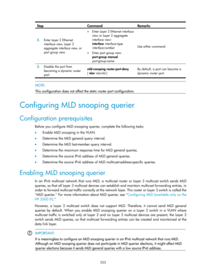 Page 1389 253 
Step Command Remarks  
2.  Enter Layer 2 Ethernet 
interface view, Layer 2 
aggregate interface view, or 
port group view.  
• Enter Layer 2 Ethernet interface 
view or Layer 2 aggregate 
interface view: 
interface  interface-type  
interface-number  
• Enter port group view: 
port-group  manual 
port-group-name   Use either command.
 
3.  Disable the port from 
becoming a dynamic router 
port.   mld-snooping router-port-deny 
[
 vlan  vlan-list  ]   By default, a port can become a 
dynamic router...
