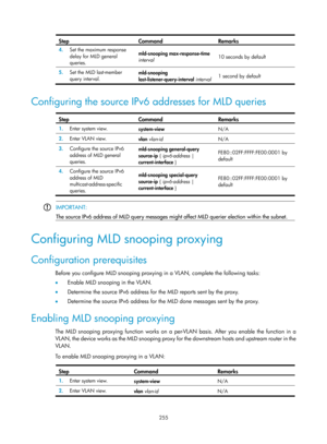 Page 1391 255 
Step Command Remarks 
4.  Set the maximum response 
delay for MLD general 
queries.   mld-snooping max-response-time 
interval
  10 seconds by default 
5.
  Set the MLD last-member 
query interval.   mld-snooping 
last-listener-query-interval interval
 1 second by default 
 
Configuring the source IPv6 addresses for MLD queries  
Step Command Remarks 
1.
  Enter system view. 
system-view  N/A 
2.  Enter VLAN view. 
vlan vlan-id   N/A 
3.  Configure the source IPv6 
address of MLD general 
queries....