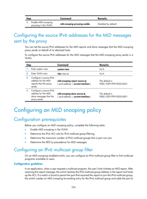 Page 1392 256 
Step Command Remarks 
3.  Enable MLD snooping 
proxying in the VLAN.  mld-snooping proxying enable 
Disabled by default 
 
Configuring the source IPv6 addresses for the MLD messages 
sent by the proxy 
You can set the source IPv6 addresses for the MLD  reports and done messages that the MLD snooping 
proxy sends on behalf of its attached hosts. 
To configure the source IPv6 addresses for the MLD messages that the MLD snooping proxy sends in a 
VLAN:  
 
Step Command Remarks 
1.   Enter system view....