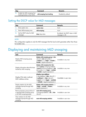 Page 1399 263 
Step Command Remarks 
3.  Enable the MLD snooping host 
tracking function in the VLAN.  mld-snooping host-tracking 
Disabled by default 
 
Setting the DSCP value for MLD messages  
Step Command Remarks  
1.  Enter system view. 
system-view  N/A 
2.  Enter MLD-snooping view.  
mld-snooping  N/A 
3.  Set the DSCP value for MLD 
messages.   dscp
 dscp-value   By default, the DSCP value in MLD 
messages is 48.
 
 
 NOTE: 
This configuration applies to only the MLD messa
ges that the local switch...